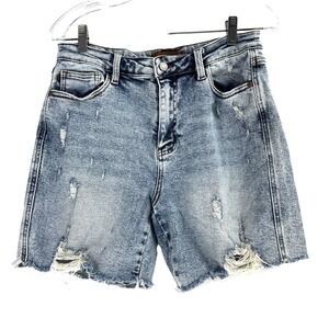 Judy Blue High Rise Distressed Cutoff Frayed Hem Shorts Womens Large Blue Denim